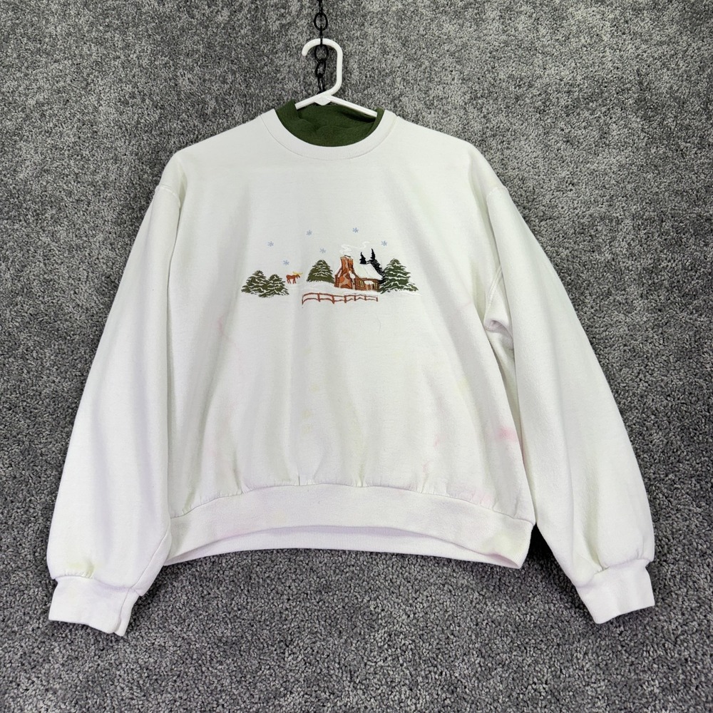 Vtg Jerzees Sweatshirt Womens Medium White Pullover Fleece Cabin Moose